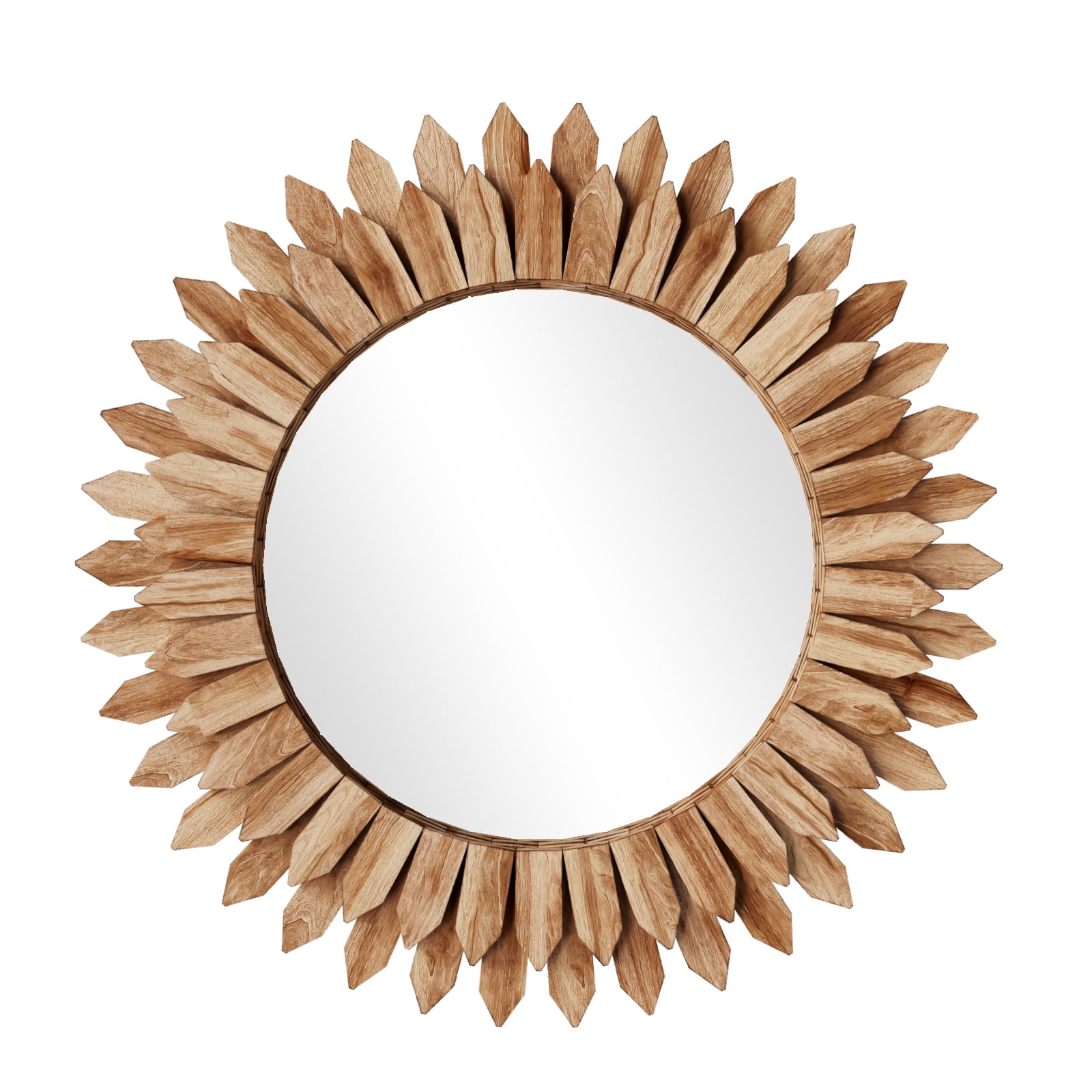 Easy4Home 24" Rustic Wood Mirror Wall Decoration Hanging Round Mirror,Light Brown