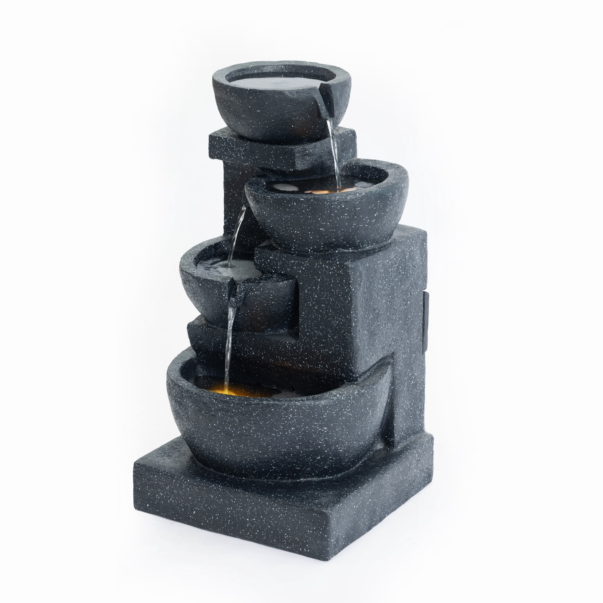29-Inch Terrazzo Style LED Outdoor Indoor Water Fountain with Cascading Bowls & Stacked Stones – 4-Tier Ideal Waterfalls for Gardens, Patios to Create a Serene Retreat in Outdoor Living Areas