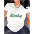 thumbnail image 1 of Camiseta estampada "Lucky" para mujer: cuello redondo, manga corta, cómoda camiseta de verano de mezcla de algodón con letras coloridas y detalles de estrellas, ideal para practicar deporte., 1 of 6