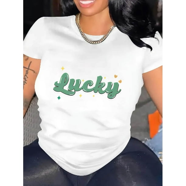 Camiseta básica de verano para mujerWomen's "Lucky" Graphic Tee - Casual Round Neck Short Sleeve, Comfortable Polyester Blend Summer Top with Colorful Letter Design and Star AccentsFather's Day, Mot