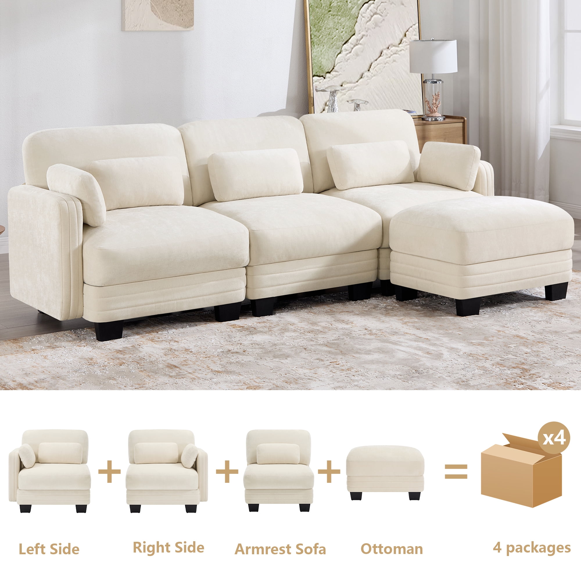 100" L Shape Modern Modular Sectional 3 Seater Sofa Couch with Movable Ottoman and 5 Pillows