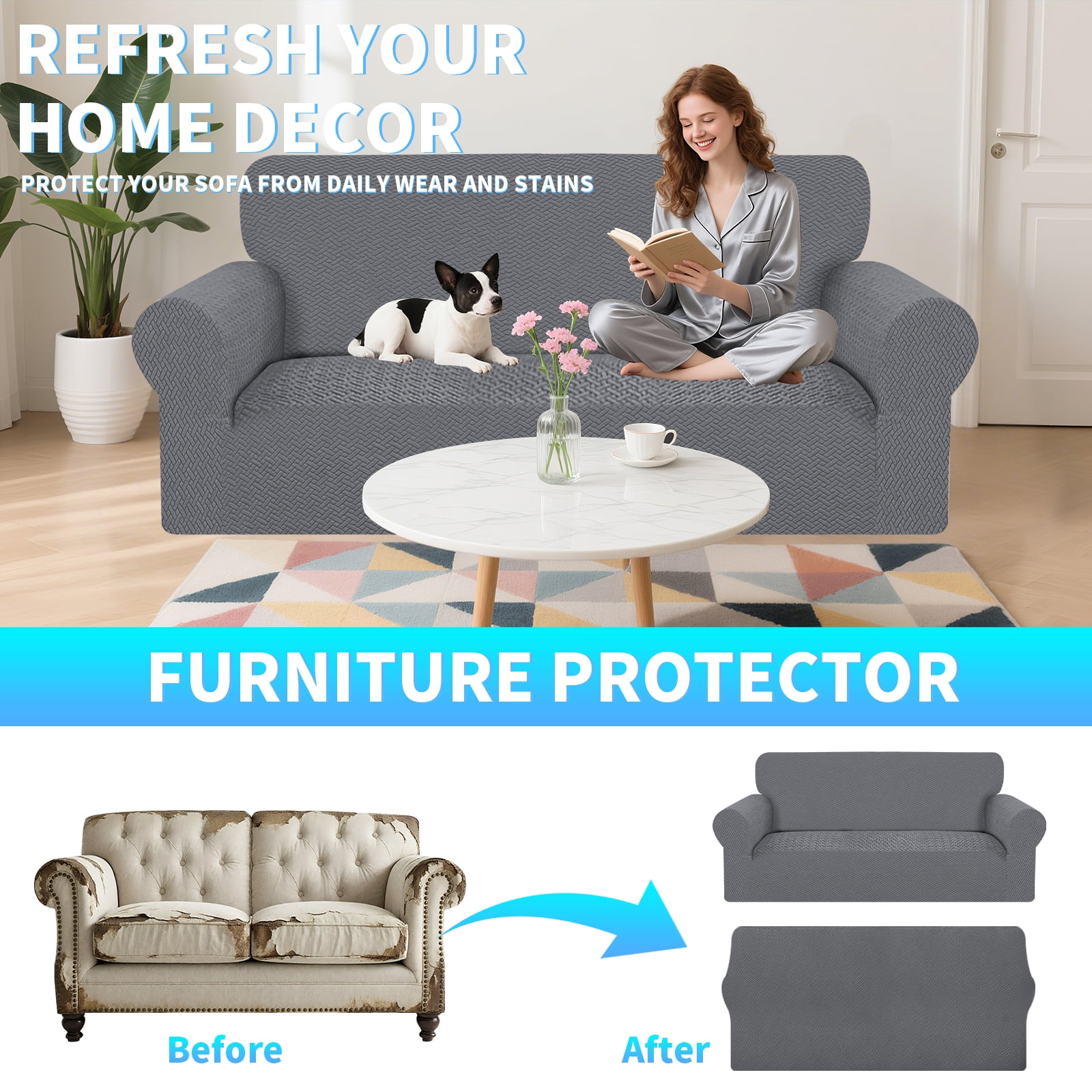 Stretch Loveseat Sofa Cover Slipcover,Couch Covers for 2 Cushion Couch Sofa (57"-72.8") Furniture Protector Sofa with Elastic Bottom for Kids,Dog, Jacquard Pattern, Dark Gray