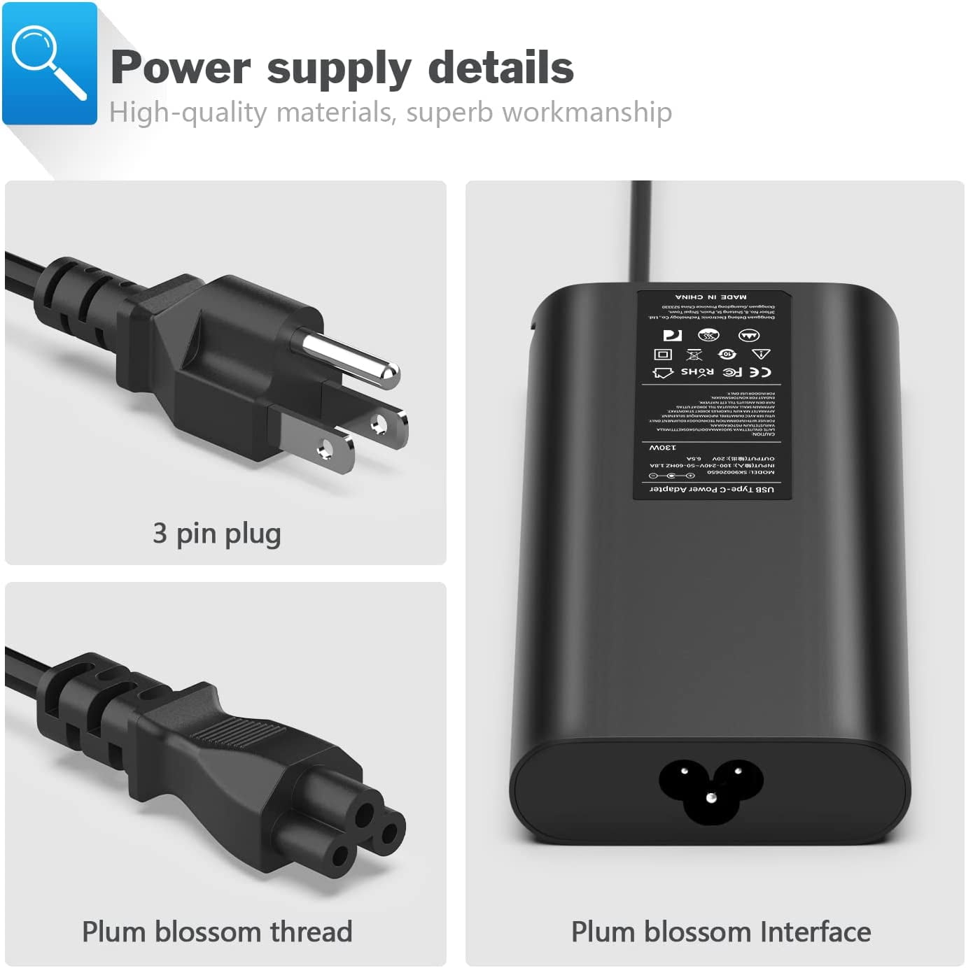 Dell 130W Laptop Charger Dell XPS Charger USB C Type C Slim AC Power Adapter for Dell XPS 17,Precision 5550 5530 2in1,XPS 15 2in1 9575，Latitude 7410 7310 Power Supply Cord