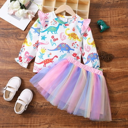 

PatPat 2pcs Toddler Girl Playful Ruffle Sleeve Dinosaur Print Tee and Gradient Color Tulle Skirt Set Party Outfit