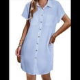 thumbnail image 3 of Vestido Camisero Informal de Verano para Mujer, de Algodón y , con Cuello en V, Botones, Corta y Cintura Holgada, Azul Rayado, Talla XL, 3 of 8