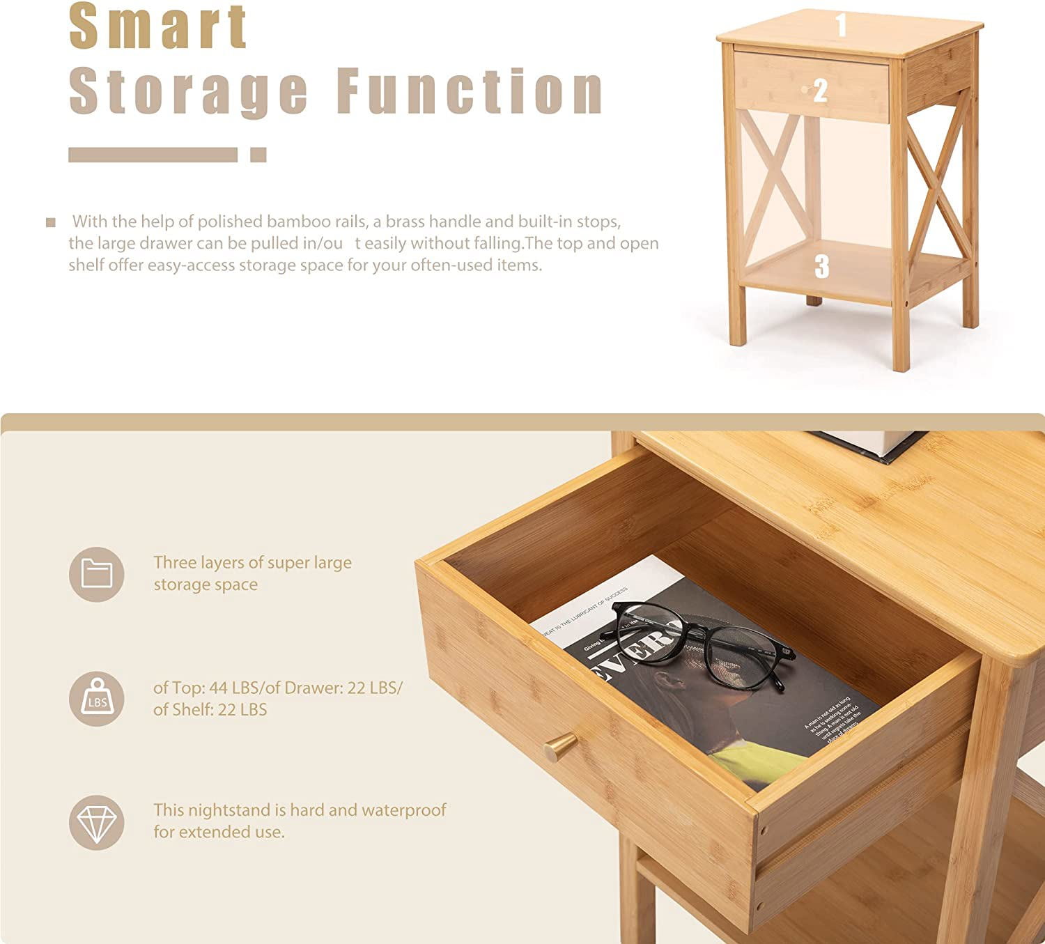 Resenkos Set of 4 Farmhouse Bamboo Nightstand, Wood End Table with Drawer and X-Side Shelf,Natural