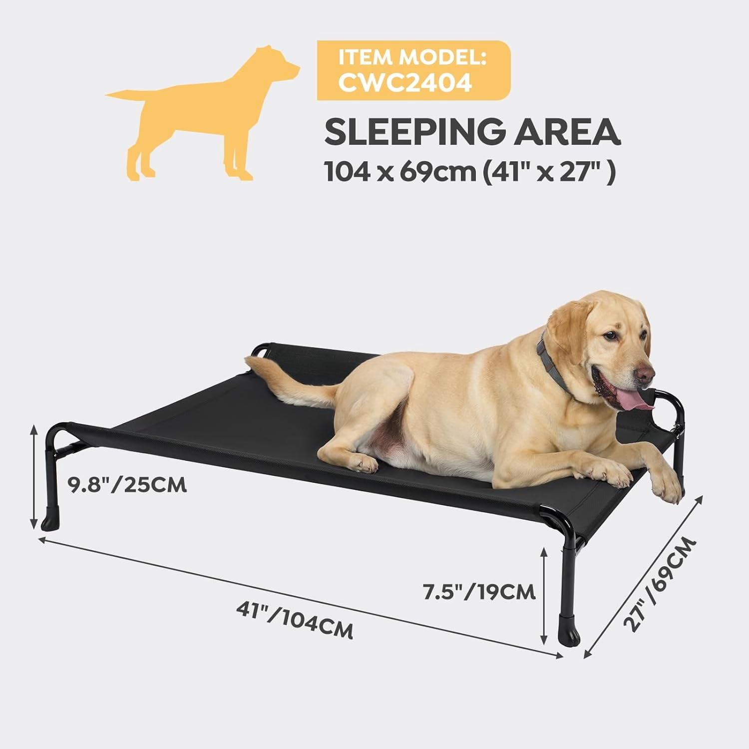Elevated Dog Bed, Raised Dog Cots for Large Dogs, Waterproof Outdoor Dogs Bed, Cooling Pet Hammock with Guardrail, Upgraded Non-Slip Feet, Breathable Teslin Mesh, Black, 41 x 27 inches