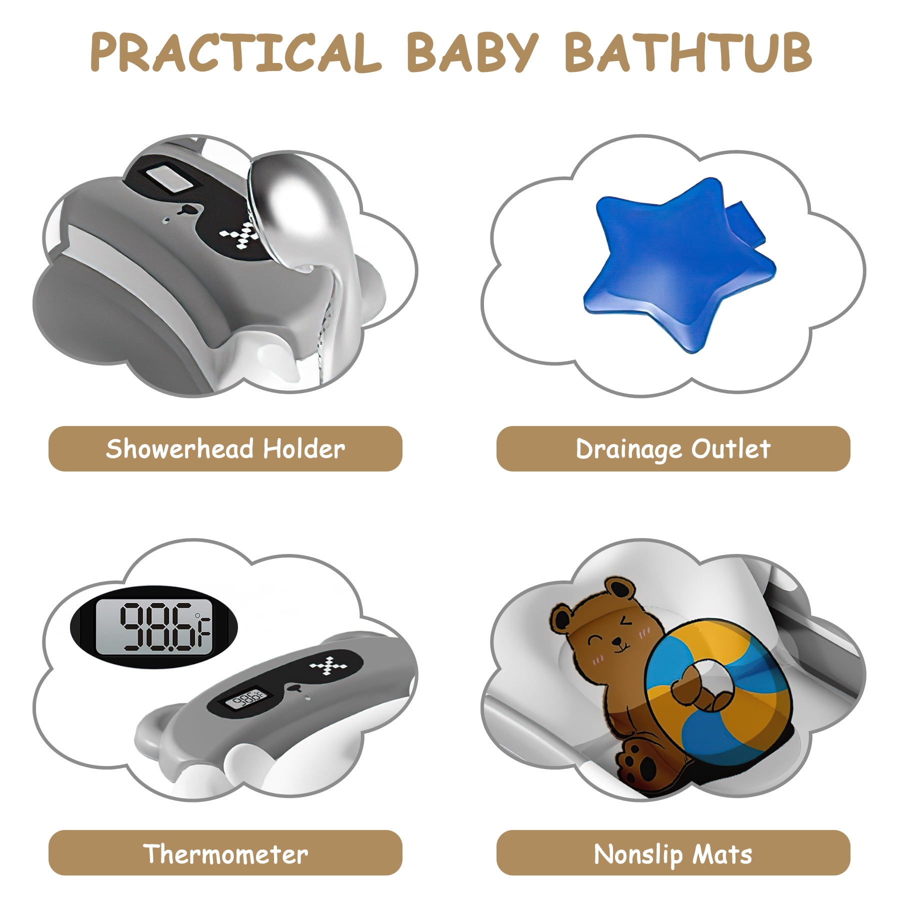 Baby Bathtub, Collapsible Newborn Bathtub for Infant to Toddler 0-1 Year with Soft Cushion+Baby Tub Sling and Thermometer, Portable Travel Bathtub, Foldable Infant Bathtub with No-Slip Feet, Grey
