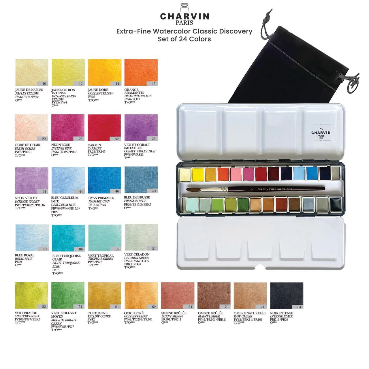 Charvin Extra-Fine Professional Watercolor Paint Set -  Watercolor Half Pan Set of 24, Made in France, Smooth Shellac-Like Finish, Transparent Pigments, Ideal for Layering & Mixed Media