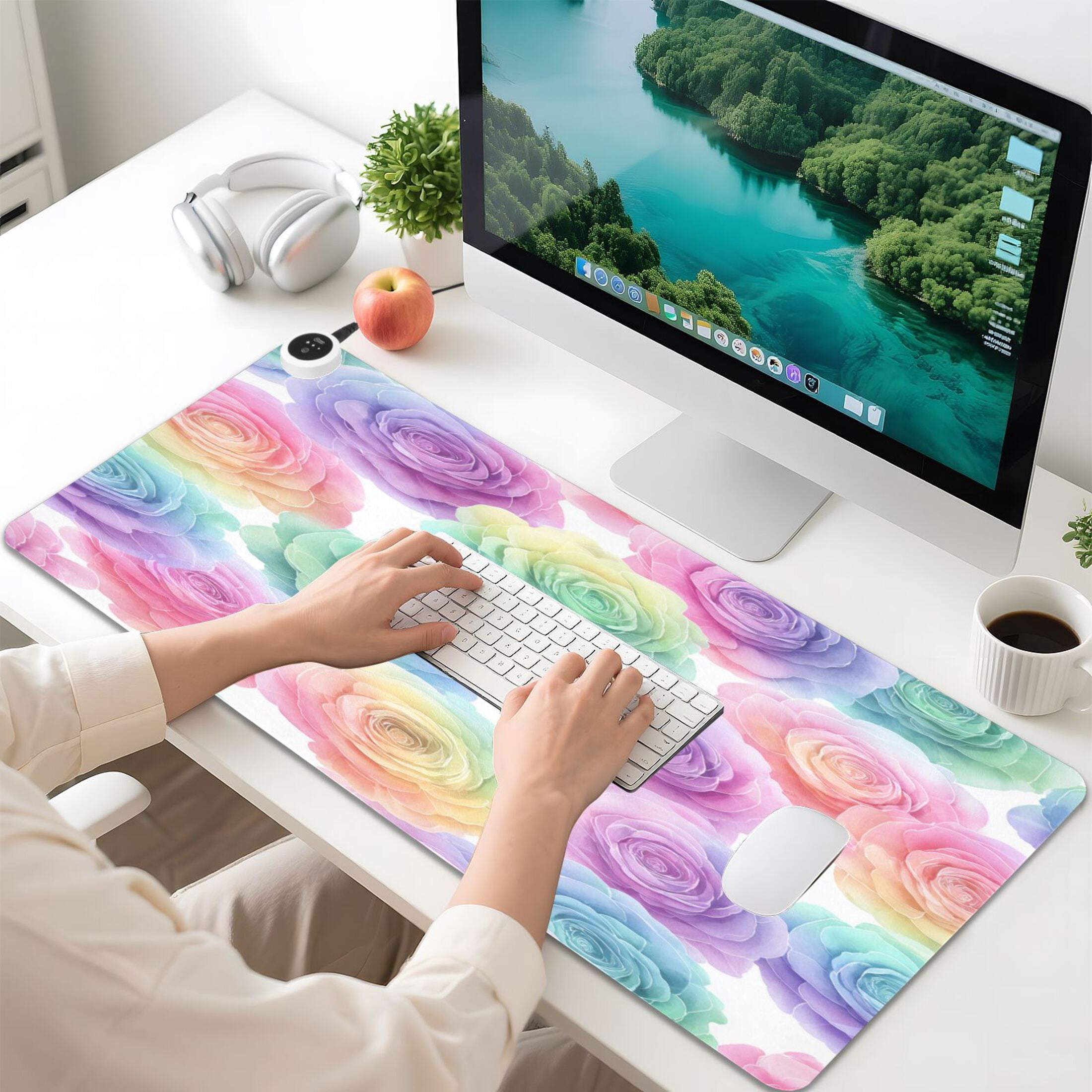 Large Heated Desk Mat Mouse Pad 31.5"x13"PU Leather Graphene Heating Desk Warmer with 3 Temperature Settings 110V US Plug Non-Slip Warm Pad for Home, Office, and Gaming Little Rainbow Rose Garden