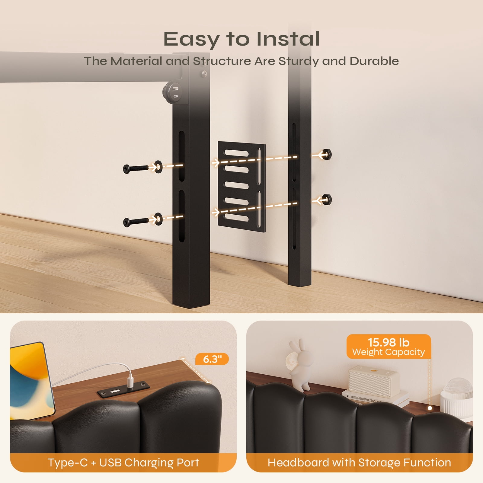 Pinmoco Upholstered Headboard with Storage Space and Charging Station for Full Size Bed, Galaxy Aurora Star Projector, Black PU Leather, Easy Assembly