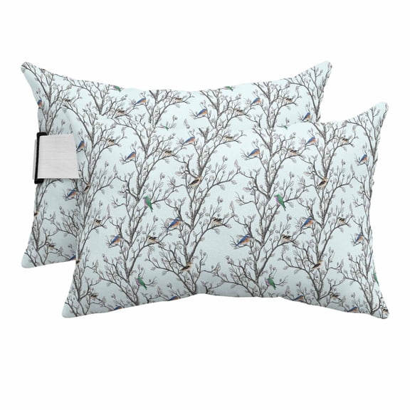 Outdoor Lumbar Pillows with Strap & Insert Bird Tree Branches Recliner Head Pillow Pack of 2 Blue Retro Leaves Waterproof Headrest Patio Lounge Chair Pillows for Beach Office 11x16 Inch