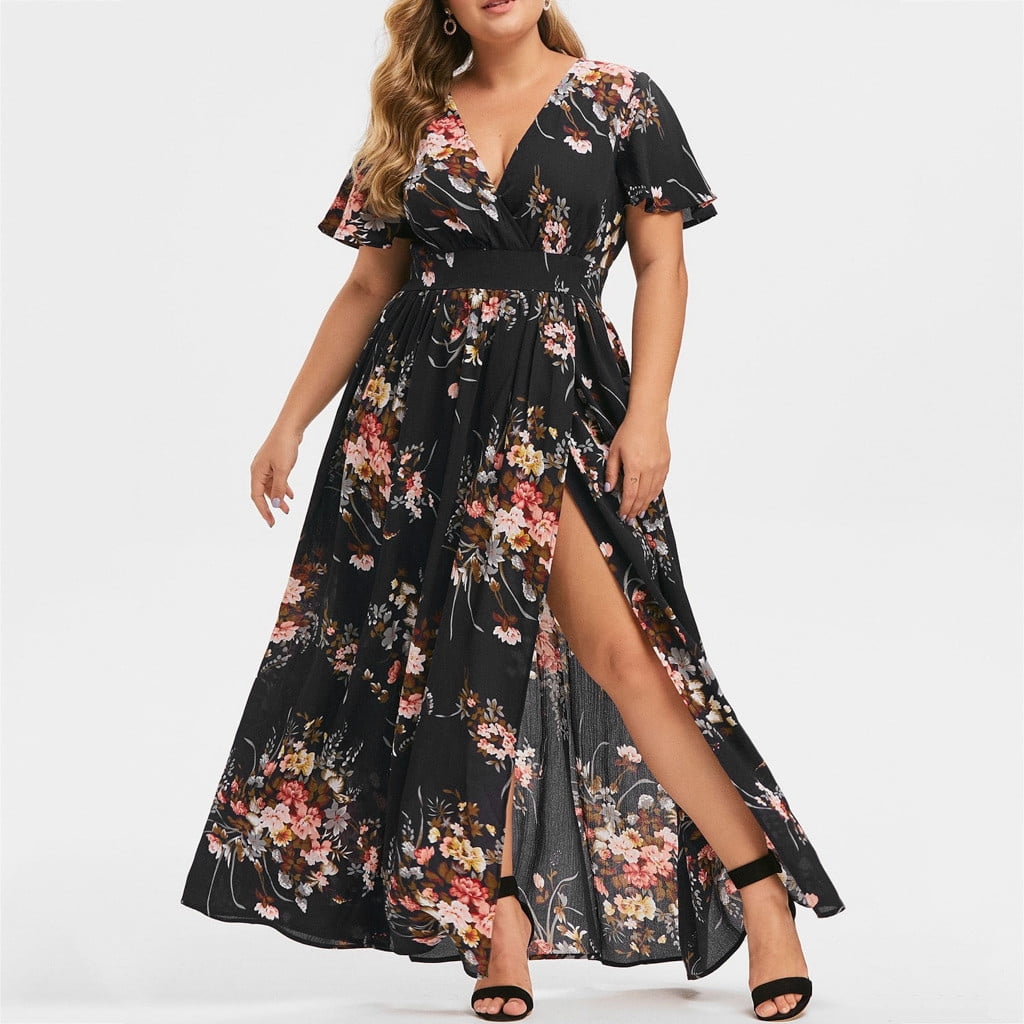 Womens Short Sleeve Side Split Floral Print Summer V-Neck Party Long Maxi Dress