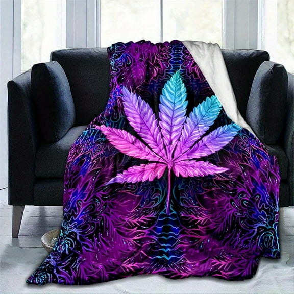 Purple Psychedelic Maple Leaves Blanket Lightweight Flannel Throw For Sofa Bed Travel Camping Livingroom Office Couch Chair And Bed Digital Printing Fleece Blanket