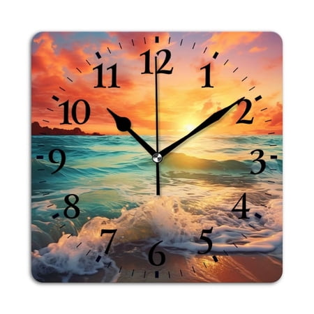 Square Wall Clock,Beautiful Sunset Over The Ocean With Waves Crashing On The Shore,Silent Non
