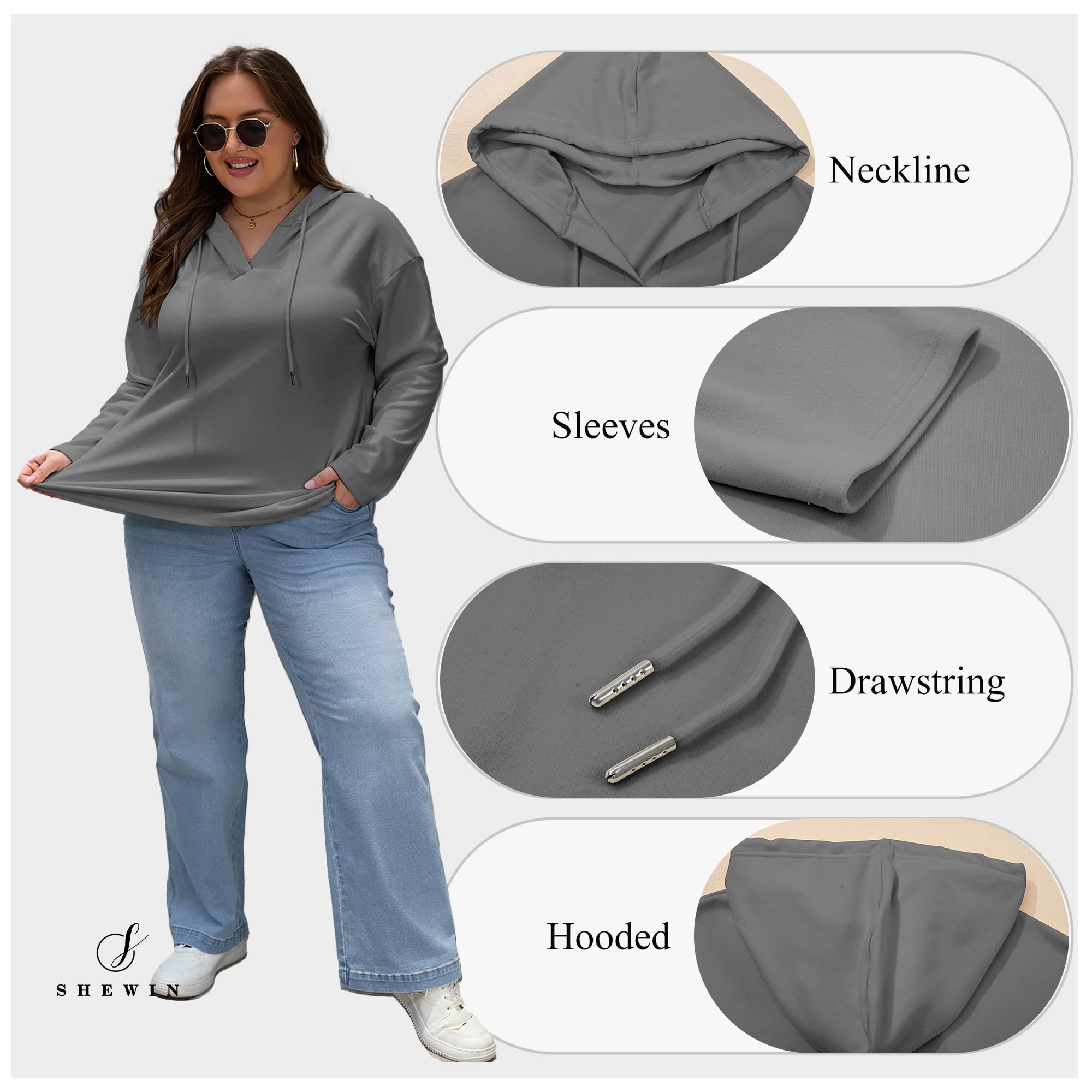 SHEWIN Sweatshirt for Women Plus Size Hooded Sweatshirts Fleece Sweatshirt V Neck Drawstring Long Sleeve Hoodie Pullover Tops for Fall 2025 Gray 3X