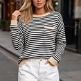 thumbnail image 3 of Qiggri Womens Oversized Striped Long Sleeve Shirts Casual Trendy Crew Neck Cotton Tops Drop Shoulder Loose Fit T Shirts Comfortable Fashion Y2K Clothes L, 3 of 6