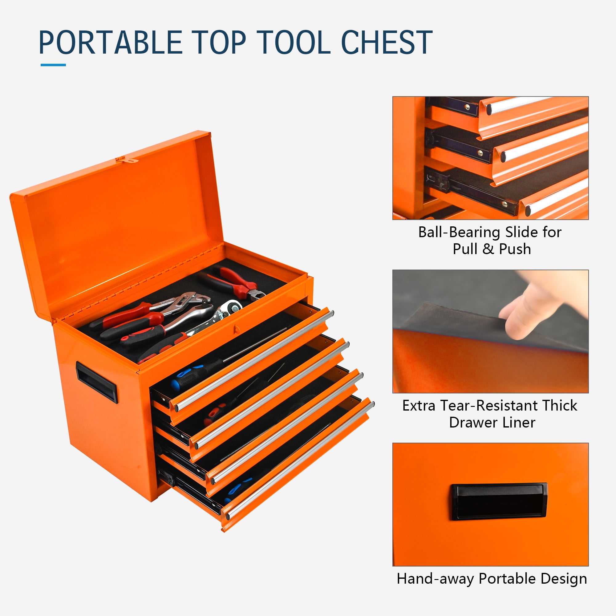 Tool Box, Seizeen Rolling Tool Chest, Stainless Steel Tool Box with Brake Wheels and 4 Drawers, Detachable Tool Cart, Orange