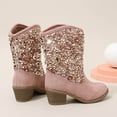 thumbnail image 4 of Girls Cowboy Boots Western Glitter Sequin Mid Calf Boots Snip Toe Block Heel Boots Sparkly Cowgirl Boots Light Pink 10.5-11 Years, 4 of 6