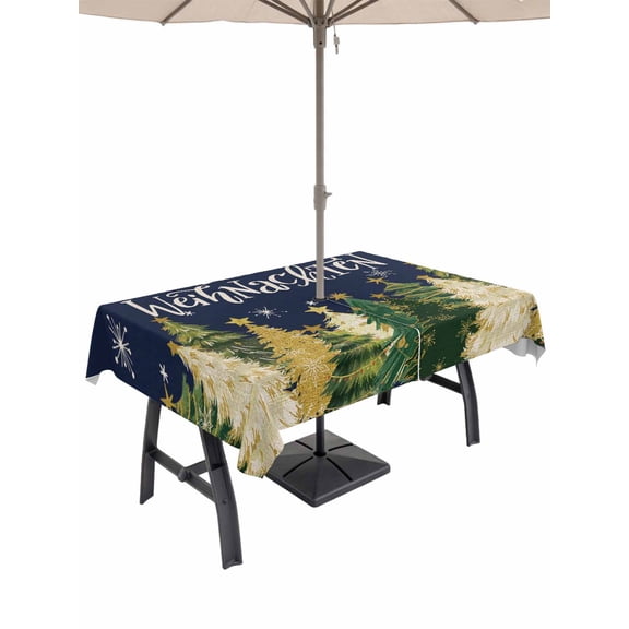 Outdoor Tablecloth with Umbrella Hole and Zipper, Navy Blue Christmas Rectangle Table Cloth 60x102 Inch Waterproof Tablecloth, Xmas Tree Snowflakes Winter Picnic Table Cover for Patio Camping