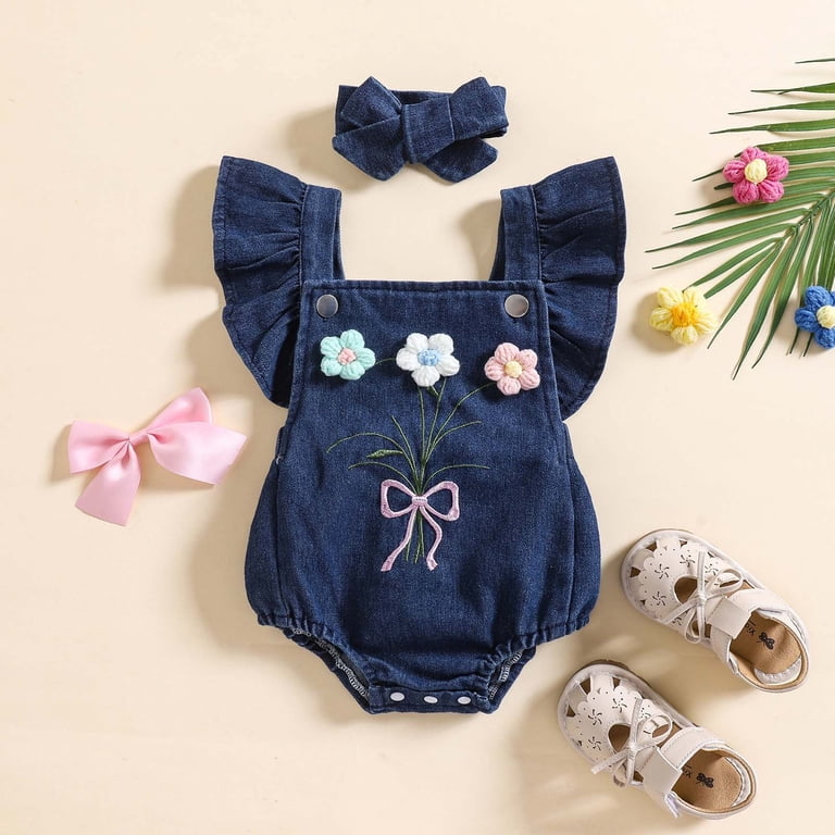 Sopiago Baby Girl Denim Romper Ruffle Flowers Bodysuit Embroidery