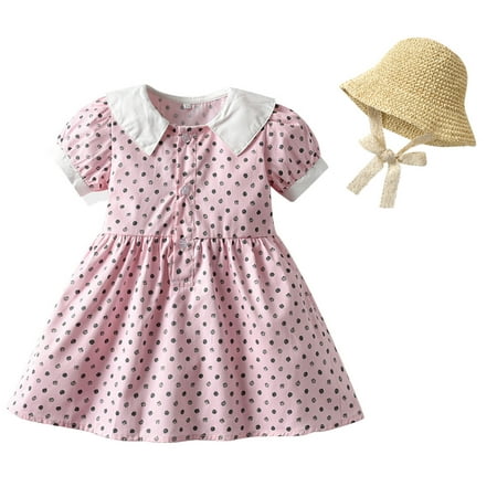 

Girls Dresses Kids Toddler Baby Girls Spring Summer Floral Cotton Short Sleeve Princess Dress Hat Clothes