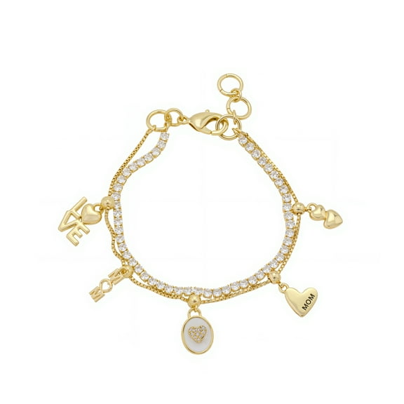 Believe by Brilliance Women's 14Kt Gold Flash Plated Mom Charm and Cubic Zirconia Tennis Layered Bracelet, 7 1"