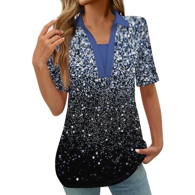 Tops Cortos para las Mujeres Blusas Impresas Manga Corta Turndown Collar Camiseta, Tops de Blusa para las Mujeres Casual