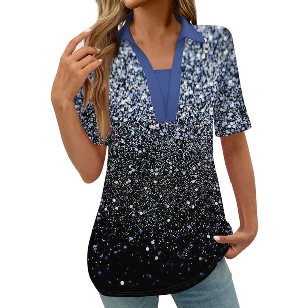 Tops Cortos para las Mujeres Blusas Impresas Manga Corta Turndown Collar Camiseta, Tops de Blusa para las Mujeres Casual