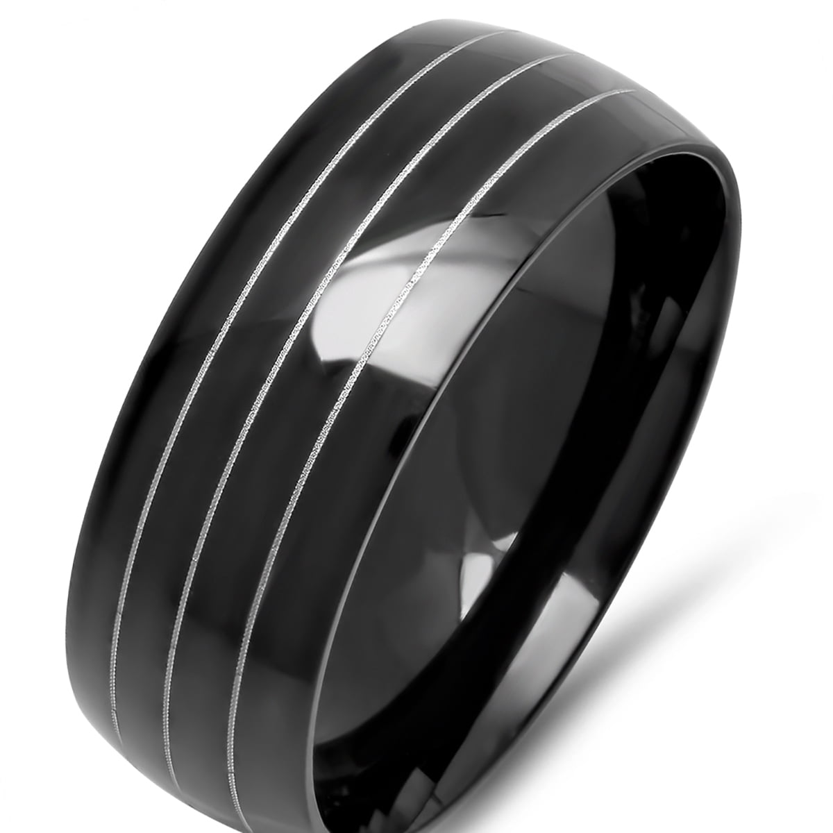 Steeltime Men's Black Ion Plated Stainless Steel Striped Ring Band