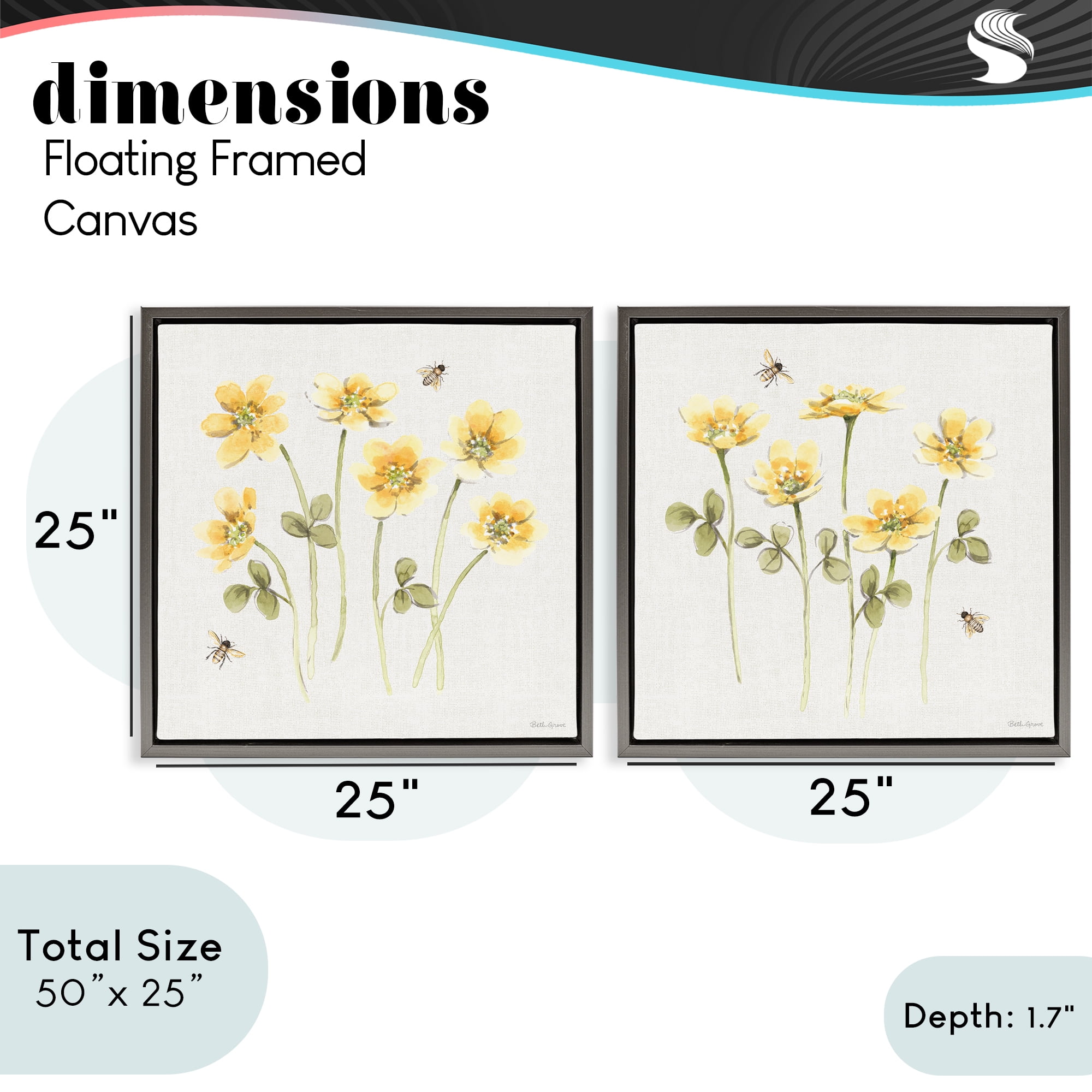 Stupell Industries Sweet Honey Flowers & Bees 2 Piece Gray Framed Floater Canvas Set, design by Beth Grove
