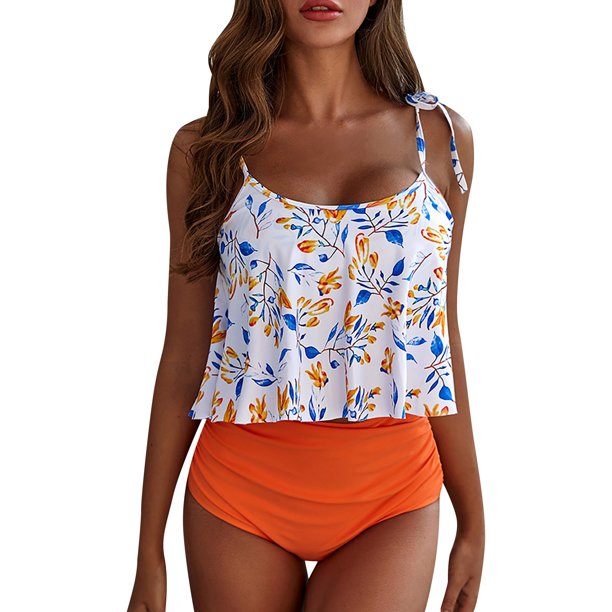 Gibobby Conjunto de Bañador Sexy Trajes de baño de mujer Traje de baño de playa de bikini halter hueco sexy de talle colorido(Naranja,CH)