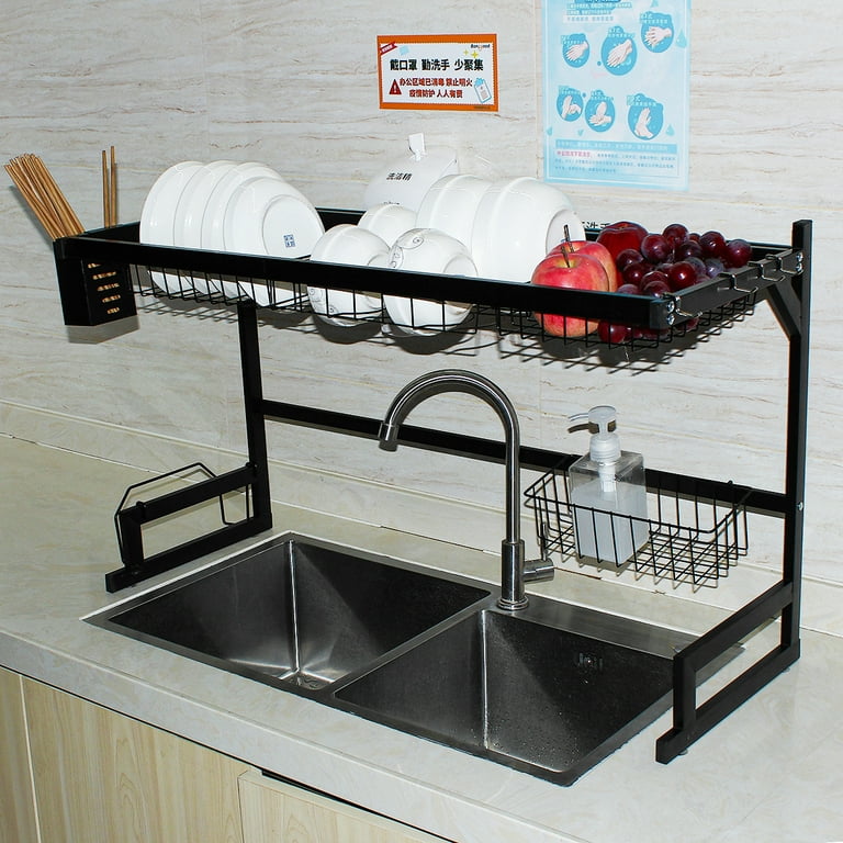 Sink Dish Drying Rack, Expandable 304 Stainless Steel Metal Dish Drainer  Rack Organizer Shelves with Stainless Steel Utensil Holder Over Inside  Sink