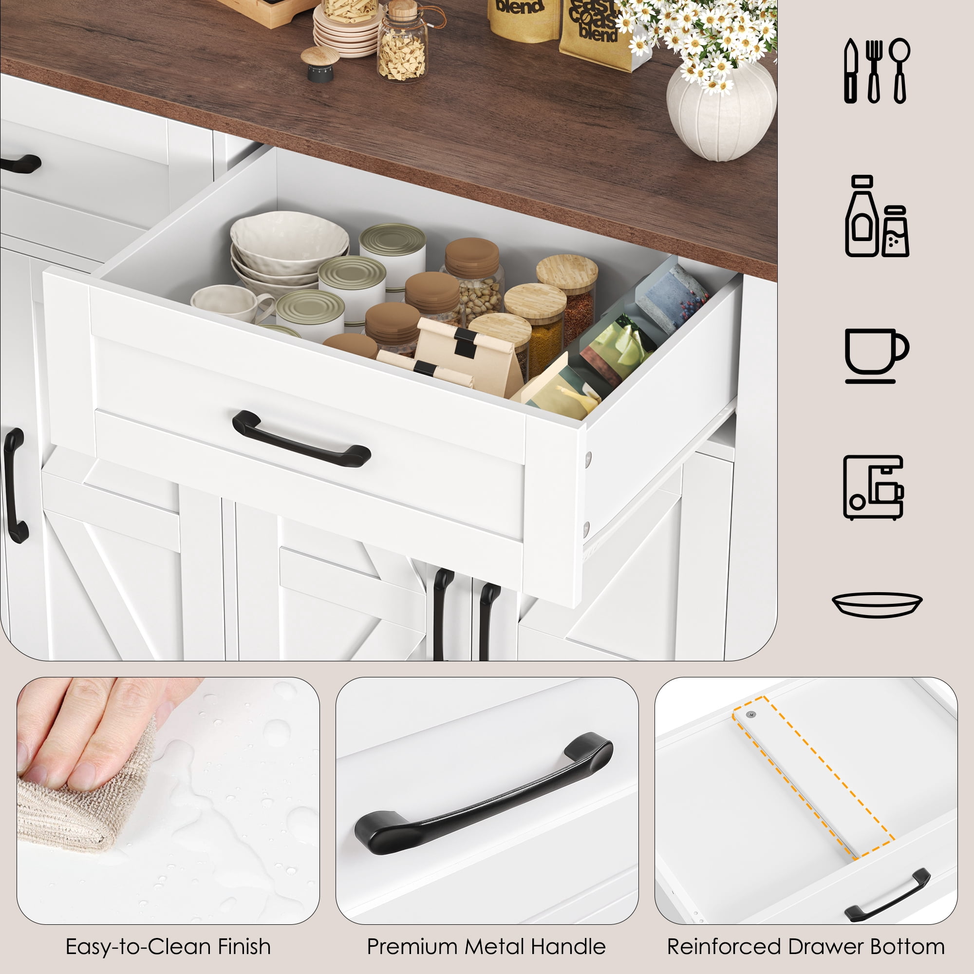 Homfa Buffet Cabinet with 2 Drawers and 4 Doors, Kitchen Sideboard Storage Cabinet, Farmhouse Coffee Bar Cabinet for Dining Room, White & Brown