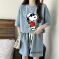 thumbnail image 5 of Snoopy-Conjunto de camiseta de manga corta para mujer, chándal informal, traje de gofres, pantalones cortos, ropa de 2 piezas, moda de verano, 2024, 5 of 5