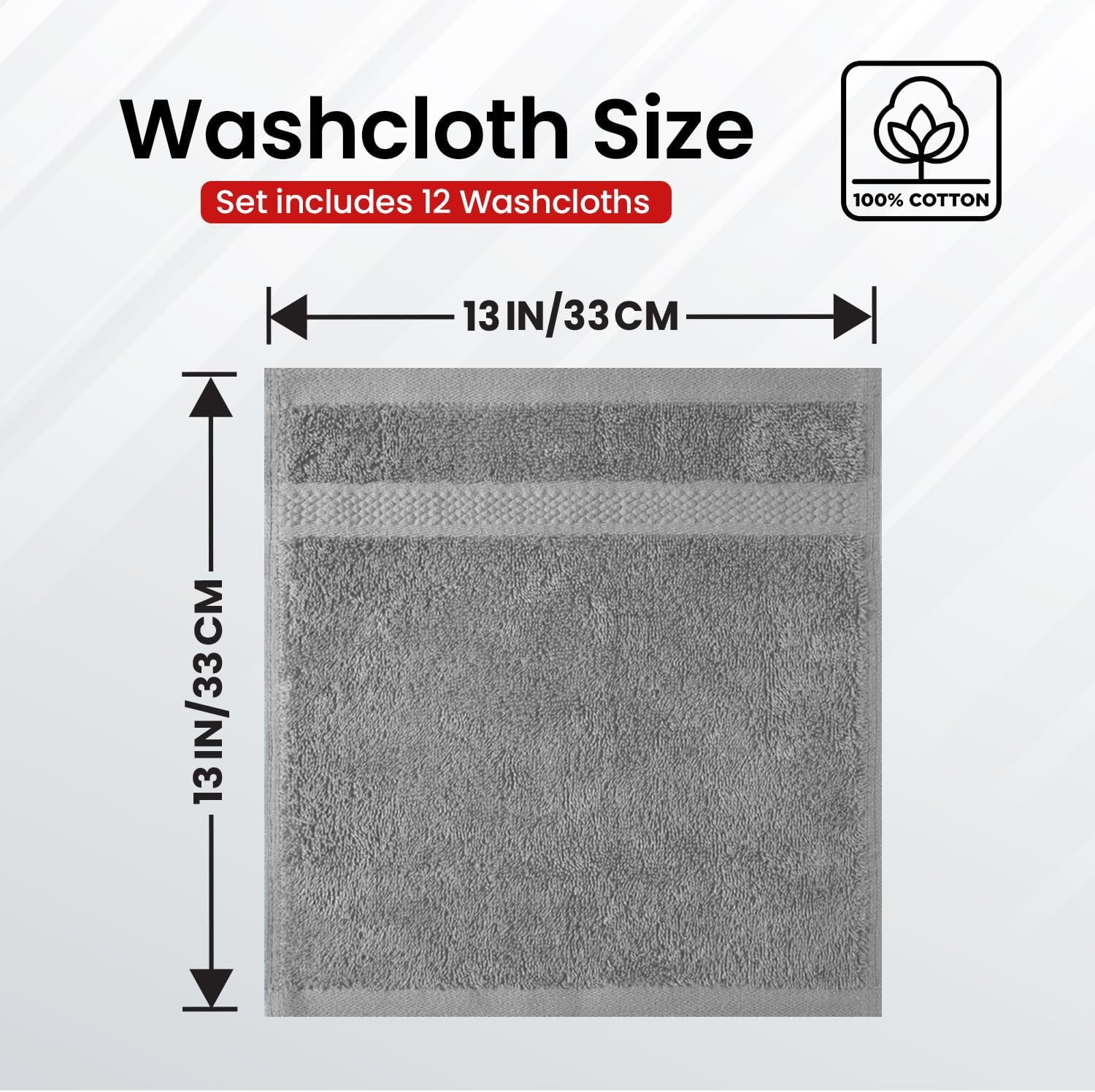 Infinitee Xclusives 12 Pack Premium Light Gray Soft Wash Cloths and Face Towels, 13x13 100% Cotton