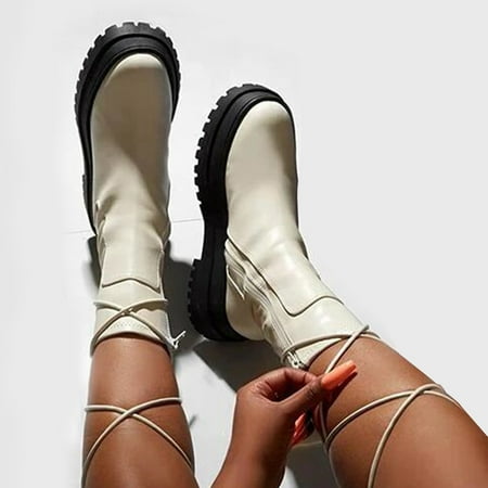 

Bxzhiri Womens Shoes Winter And Autumn Lace Up Platform Solid Zipper Cross-tied Long Boots