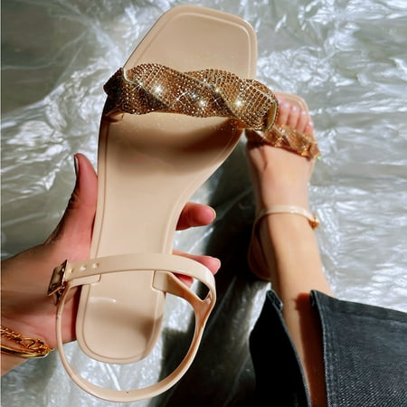 

NECHOLOGY Women Sandals Flat Open Fashion Diamonds Toe Sandals Sandals Women Fashion Rhinestones Sandals for Women Khaki 7