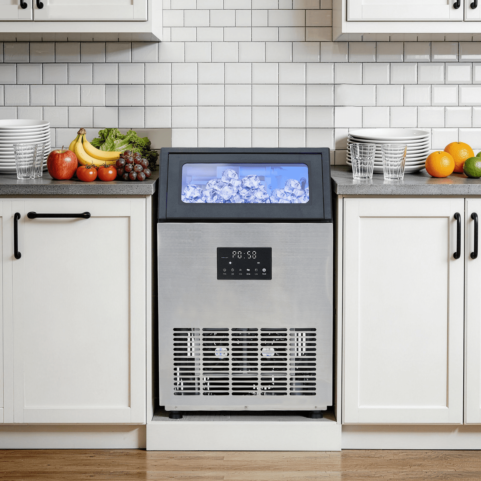 Commercial Ice Maker Machine 150 LBS/24H, Stainless Steel Under Counter Freestanding Ice Machine with 33 LBS Storage Bin, Dual Water Inlet,10-15 Mins Fast Ice, Self-Cleaning