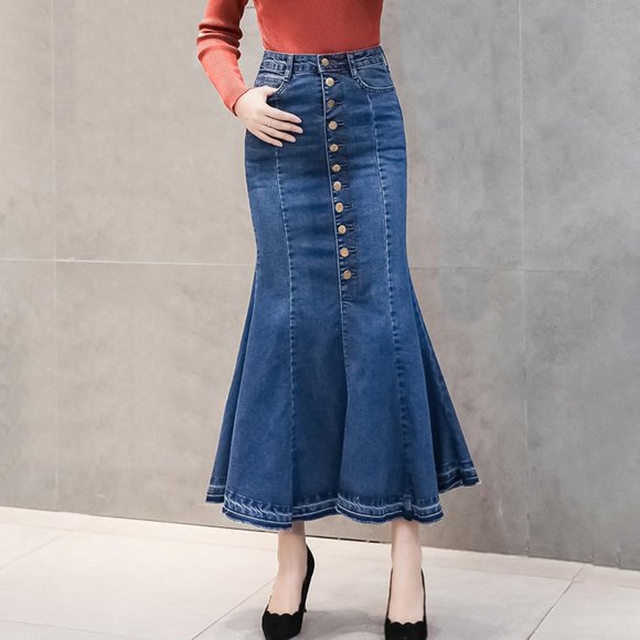 Jupes Midi en Denim Extensible pour Femmes, Jupe Longue Décontractée en Jean à Taille Haute, Ajustée, à Volants
