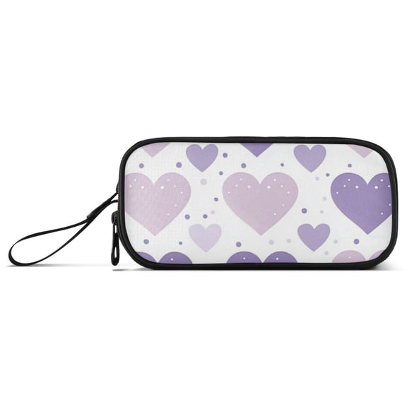 Purple Hearts Dots Pencil Case Stationary Holder Pen Bag Pencil Pouch Tool Organizer 3 Compartments