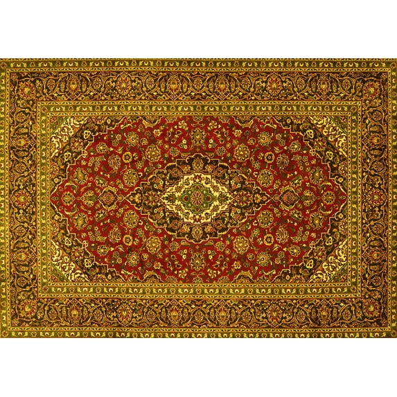 Ahgly Company Machine Washable Indoor Rectangle Medallion Yellow Traditional Area Rugs, 6' x 9'