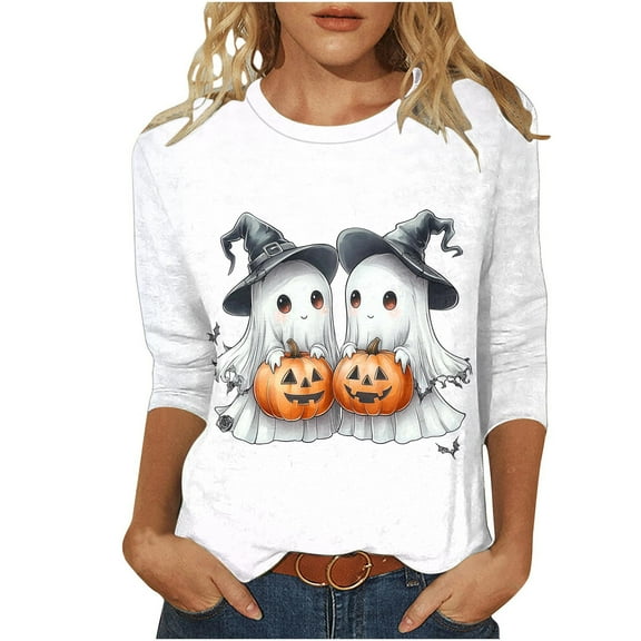 Womens 3/4 Length Sleeve Shirts Halloween Blouses Fashion Halloween Printed Plus Size Tunic Tops Blouses Fall Casual Round Neck Pullover Halloween Holiday Costume TShirt