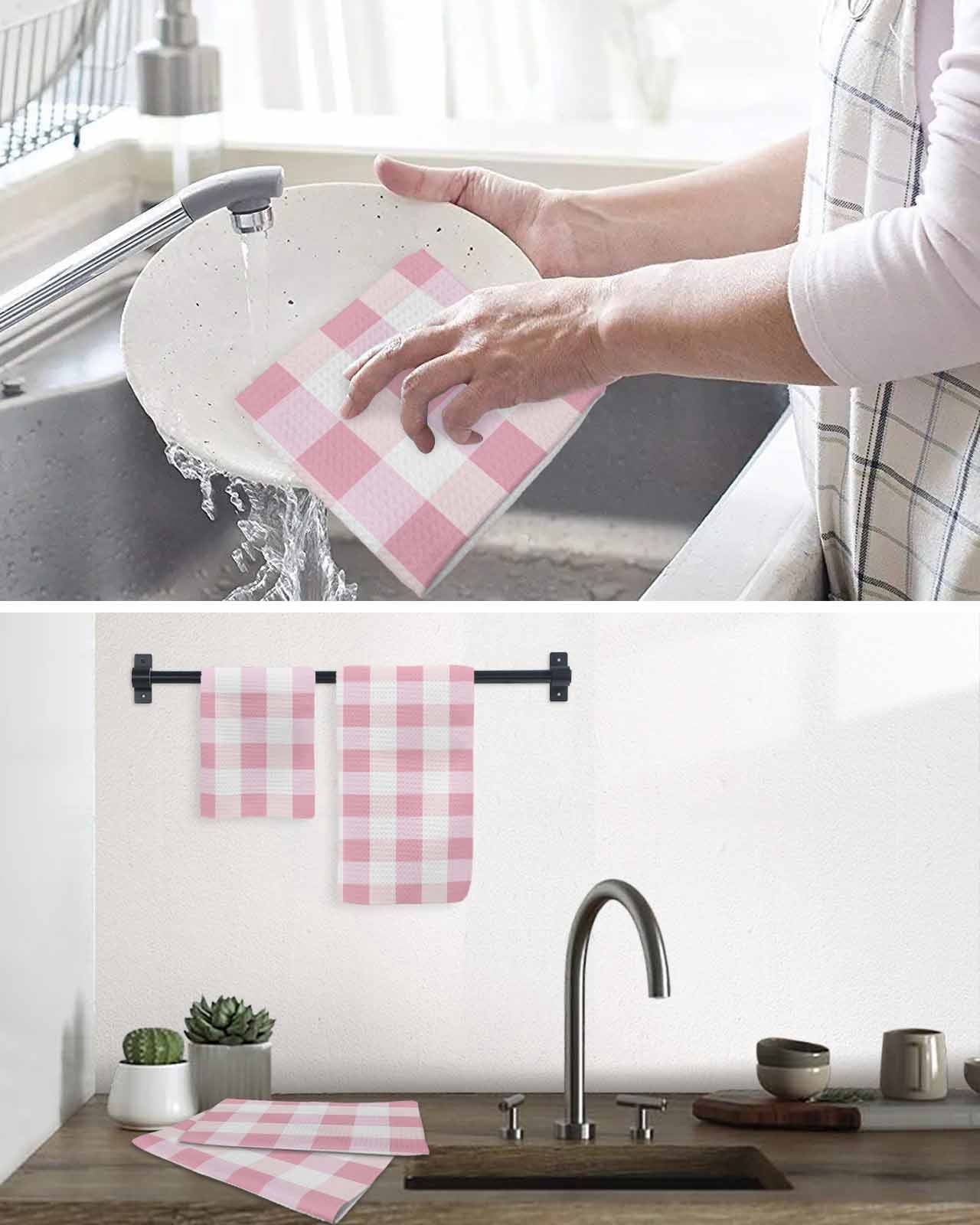 Pink Plaid Kitchen Dish Towels for Drying Dishes Set of 4, Spring Farmhouse Buffalo Checkered Waffle Weave Microfiber Hand Tea Bathroom Towels Quick Dry & Absorbent Towel 12x12