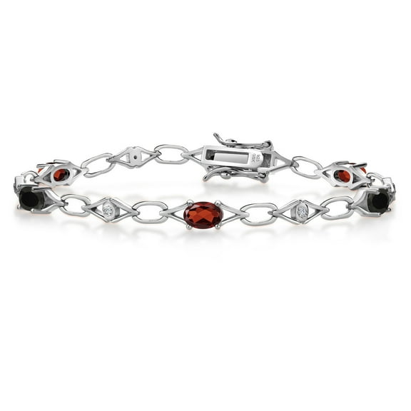 Gem Stone King 925 Sterling Silver Red Garnet and Black Onyx and Round White Lab Grown Diamond Tennis Bracelet for Women (2.95 Cttw, Gemstone Birthstone, Oval 6X4MM, 7.25 inches)
