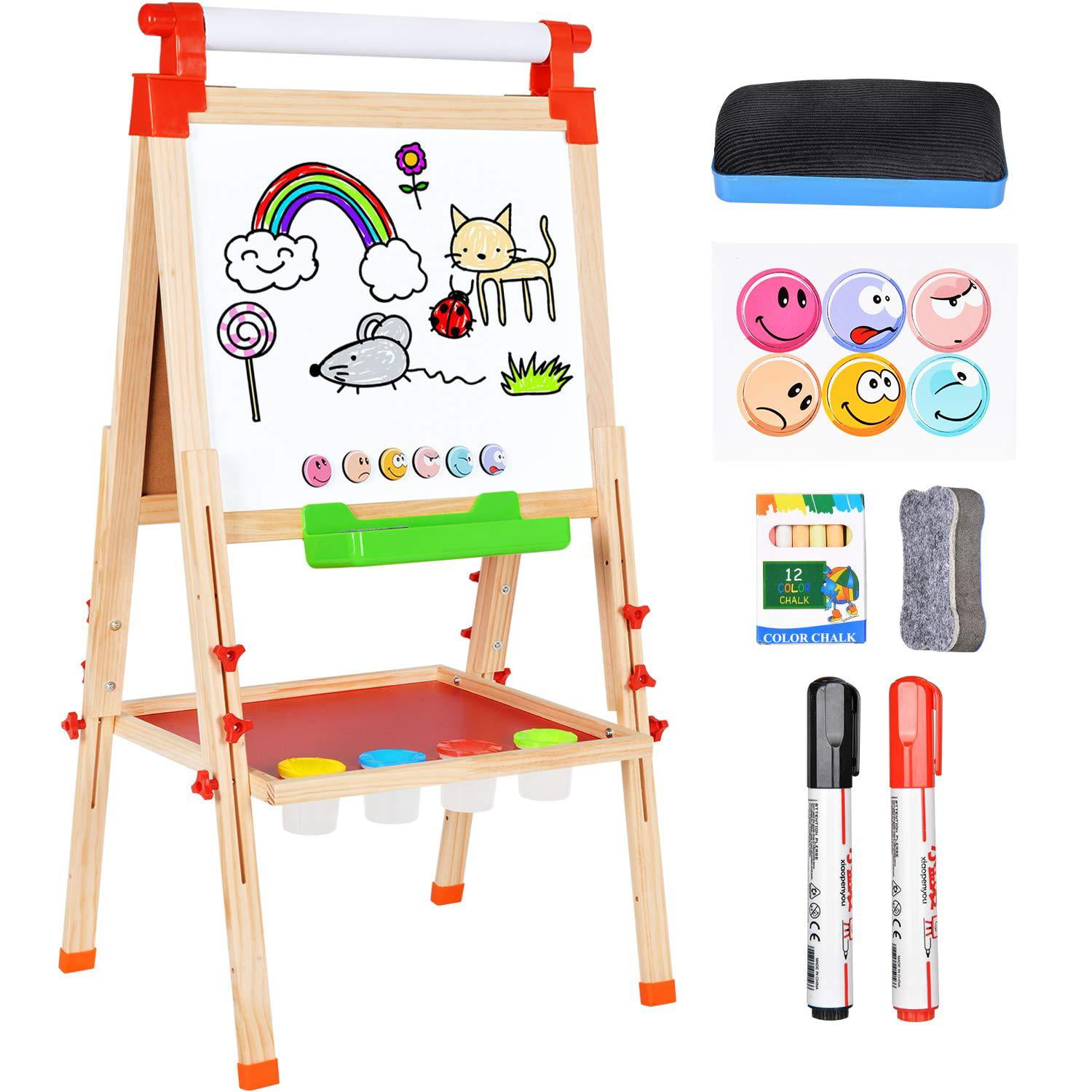 Letters and Numbers Magnets and Other Accessories Best Birthday Gift for Kids with Paper Roll Holder with Magnetic Dry Erase Board and Chalkboard for Kid JOYMOR 3 in 1 Wooden Art Easel for Kids 