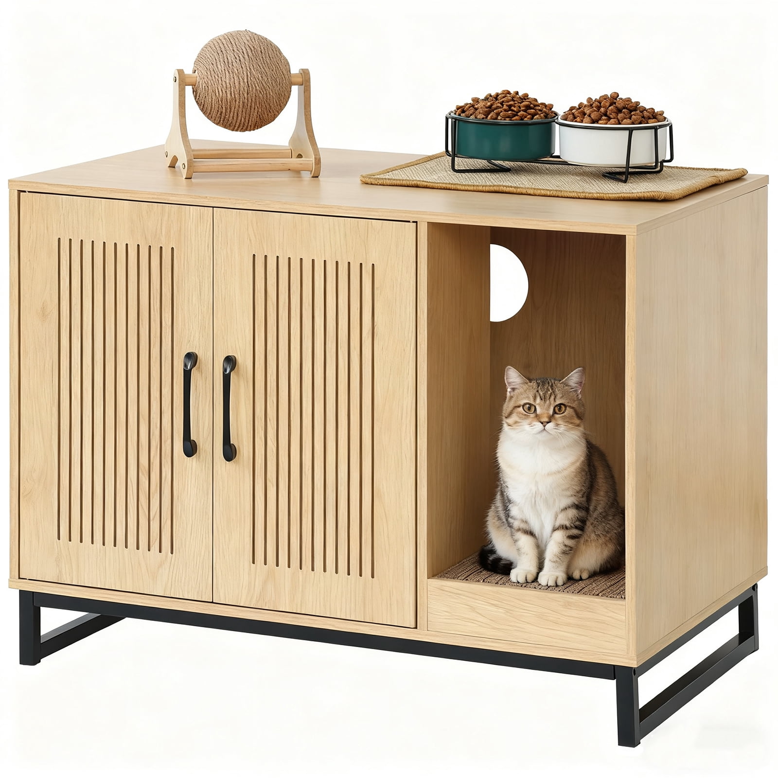 KATHY&BOB Hidden Cat Litter Box Enclosure Furniture with Cat Scratch Mat, Striped Grooved Design, Wooden Cat Washroom, Natural