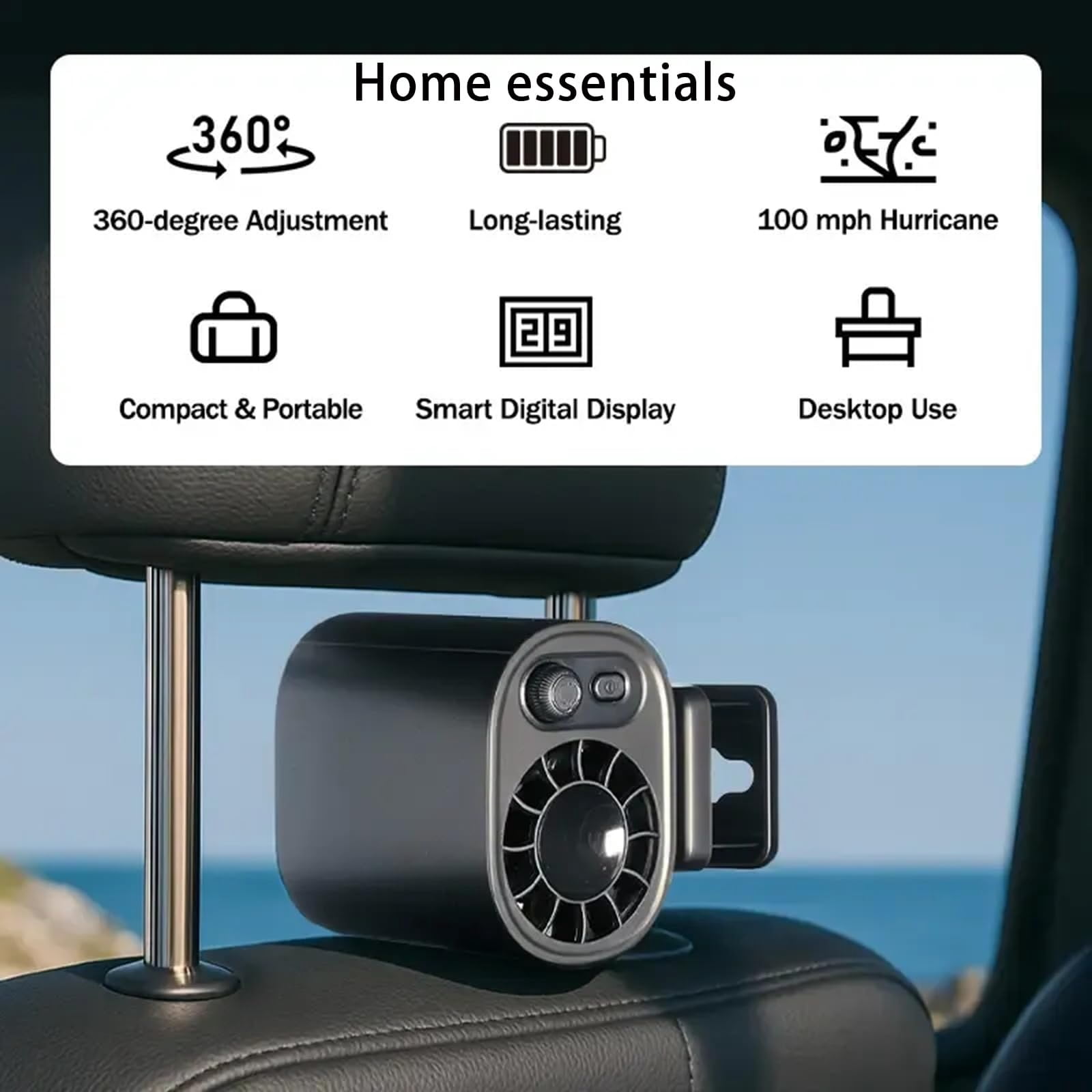 Car Clip-On Fan with LED Display  360° Rotating, 100-Speed Adjustable USB Rechargeable Fan for Car, Umbrella, or Desk, Portable Personal Cooling for Travel, Office, and Outdoor Use