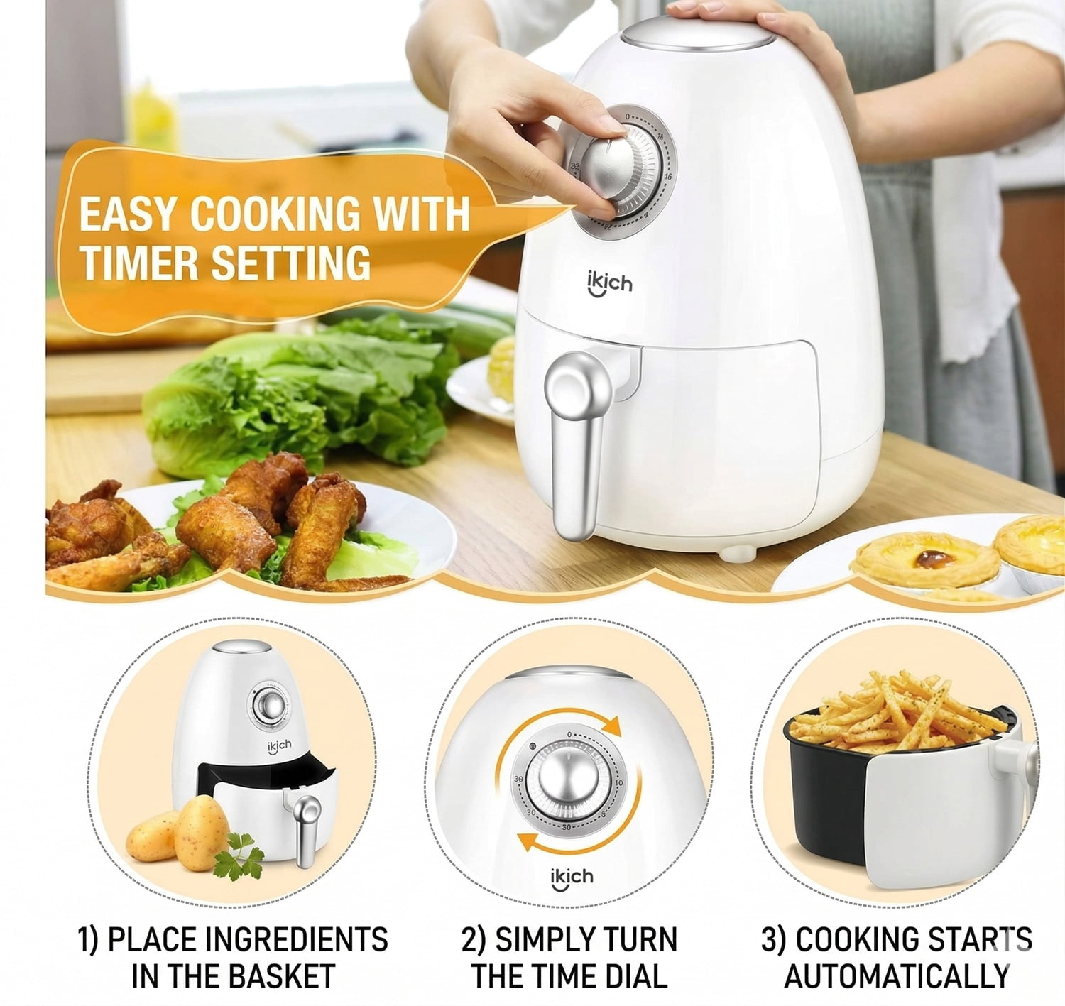 Ikich 2 Quart Air Fryer, White - Non-Stick, Oil-Free Healthy Cooking