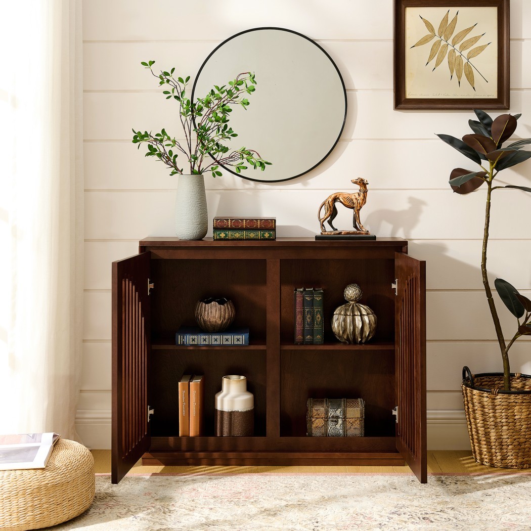Mid Century Modern Fluted Sideboard Cabinet, Buffet Cabinet with 2 Outlet Holes, Storage Cabinet for Living Room, Entryway, Kitchen & Coffee Bar, Dark Walnut